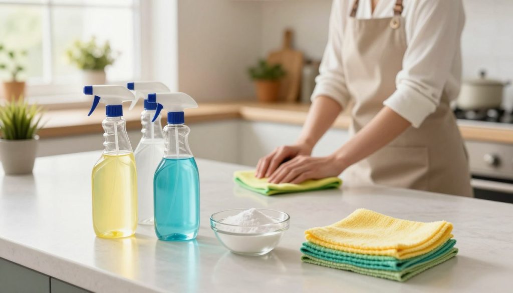 A bright and inviting kitchen scene showcasing essential DIY cleaning hacks. In the foreground, a countertop is neatly arranged with various cleaning supplies, such as homemade spray bottles filled with natural cleaning solutions, a stack of microfiber cloths, and a bowl of baking soda. In the middle ground, a person dressed in casual yet professional attire is actively cleaning a countertop, demonstrating efficiency and ease. The background features a well-organized kitchen with gleaming surfaces, hanging plants, and a window letting in warm, natural light, creating a cheerful atmosphere. The camera angle is slightly above eye level, capturing both the person and the well-maintained kitchen space, conveying a sense of cleanliness and order. The mood is fresh and energizing, inspiring viewers to embrace these kitchen cleaning hacks.