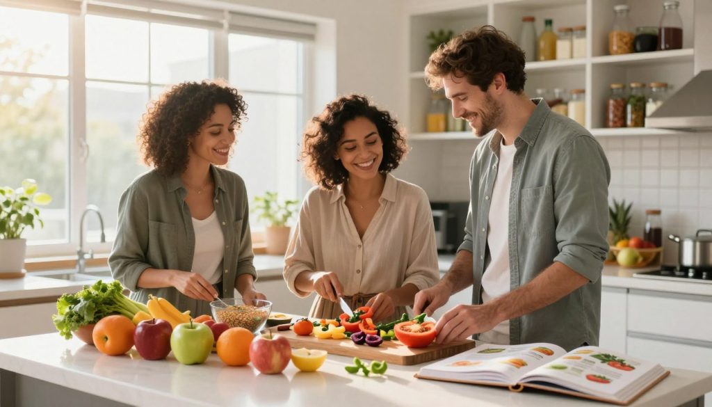 A bright, inviting kitchen setting that embodies healthy living. In the foreground, a diverse group of three individuals, two women and one man, dressed in professional casual attire, are joyfully preparing colorful, wholesome meals together. On the counter, vibrant fruits and vegetables are artfully arranged alongside whole grains and lean proteins. In the middle ground, a large window allows warm sunlight to fill the space, casting a soft glow on the scene. On the countertop, a large recipe book featuring healthy tips is open, showcasing an appealing layout. The background reveals a well-organized pantry filled with healthy ingredients. The mood is cheerful and motivational, emphasizing community and collaboration in achieving sustainable weight loss habits. The image captures a sense of positivity, wellness, and commitment to long-term health.