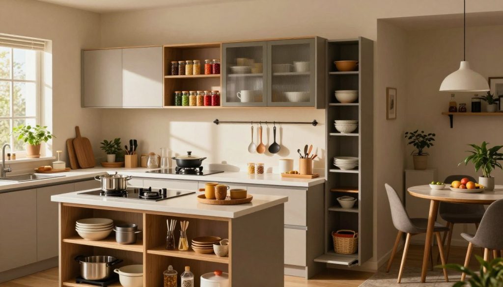 A cozy, modern kitchen designed for small spaces, featuring innovative storage solutions. In the foreground, a multi-functional kitchen island with built-in shelves, showcasing neatly arranged utensils and cooking essentials. The middle layer highlights wall-mounted cabinets with glass doors, revealing colorful spice jars and streamlined dishware. A clever pull-out pantry can be seen along one wall, maximizing every inch of space. Natural light filters through a window, creating a warm and inviting atmosphere, while soft shadows enhance texture. The background shows a compact dining area with a small table and two chairs, surrounded by plants for a touch of greenery. The mood conveys efficiency and clever design, perfect for anyone looking to optimize their kitchen space.
