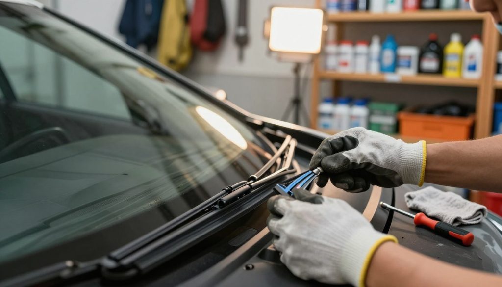 A detailed close-up of a person performing DIY windshield wiper maintenance on a car in a well-lit garage. The foreground features a pair of hands wearing work gloves gripping a windshield wiper, examining rubber blades with a small tool nearby. The middle background includes a car hood popped open, with tools like a screwdriver and a cloth scattered around. In the rear, shelves filled with auto maintenance products and a bright overhead light casts a warm glow, emphasizing the workspace. The scene exudes a sense of diligence and practicality, showcasing the importance of vehicle upkeep. The angle is slightly overhead, focusing on the wiper maintenance process. A detailed close-up of a person performing DIY windshield wiper maintenance on a car in a well-lit garage. The foreground features a pair of hands wearing work gloves gripping a windshield wiper, examining rubber blades with a small tool nearby. The middle background includes a car hood popped open, with tools like a screwdriver and a cloth scattered around. In the rear, shelves filled with auto maintenance products and a bright overhead light casts a warm glow, emphasizing the workspace. The scene exudes a sense of diligence and practicality, showcasing the importance of vehicle upkeep. The angle is slightly overhead, focusing on the wiper maintenance process.