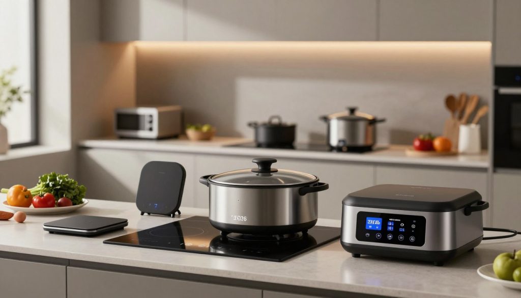 A modern kitchen with a sleek, minimalistic design featuring the latest Smart Precision Cooking Tools of 2026. In the foreground, display various cutting-edge gadgets like a digital kitchen scale, an induction cooktop with touch controls, and a smart sous-vide precision cooker with a digital display. The middle ground should showcase a stylish countertop with fresh ingredients and high-tech cooking appliances, all reflecting a futuristic aesthetic. The background can include soft-focus kitchen cabinets and ambient LED lighting, creating a warm yet sophisticated atmosphere. Use natural lighting to enhance the sleek surfaces and highlight the modern gadgets, capturing a sense of innovation and efficiency in cooking. Aim for an overall mood of culinary excellence and sophistication. A modern kitchen with a sleek, minimalistic design featuring the latest Smart Precision Cooking Tools of 2026. In the foreground, display various cutting-edge gadgets like a digital kitchen scale, an induction cooktop with touch controls, and a smart sous-vide precision cooker with a digital display. The middle ground should showcase a stylish countertop with fresh ingredients and high-tech cooking appliances, all reflecting a futuristic aesthetic. The background can include soft-focus kitchen cabinets and ambient LED lighting, creating a warm yet sophisticated atmosphere. Use natural lighting to enhance the sleek surfaces and highlight the modern gadgets, capturing a sense of innovation and efficiency in cooking. Aim for an overall mood of culinary excellence and sophistication.