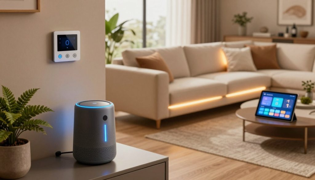 A modern, stylish living room featuring an array of smart home products. In the foreground, a sleek smart speaker with a glowing interface sits on a minimalist coffee table. A smart thermostat is mounted on a beige wall, contrasting with the vibrant greenery of potted plants nearby. In the middle ground, a comfortable sofa with smart lighting fixtures casting a soft, inviting glow highlights the space, while a tablet on a side table displays home automation options. The background showcases large windows allowing natural light to flood the room, blending with contemporary decor. Choose warm, cozy lighting to enhance a welcoming atmosphere, all seen from a high angle to capture the full layout, emphasizing functionality and modernity.