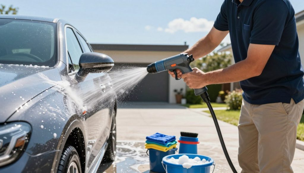 A professional car wash scene depicting effective car washing techniques. In the foreground, a well-groomed individual in a smart polo shirt and khakis is using a foam cannon to apply detergent to a shiny, sleek car with water glistening on its surface. The middle ground features a detailed view of various car cleaning tools like microfiber cloths, brushes, and a bucket filled with sudsy water, all neatly arranged. The background showcases a bright, sunny day with clear blue skies and a well-maintained driveway that enhances the cleanliness theme. Natural lighting highlights the reflections on the car's surface, creating a vibrant and fresh atmosphere, conveying a sense of professionalism and attention to detail in car maintenance.