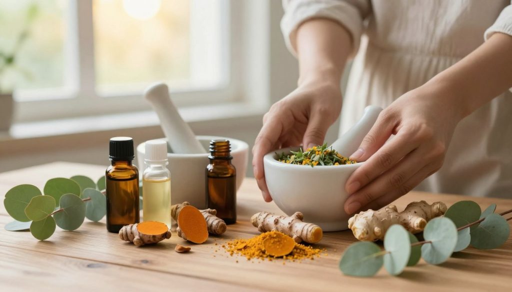 A serene, beautifully arranged display of natural remedies for joint pain. In the foreground, a wooden table features an array of herbal ingredients such as turmeric, ginger, and eucalyptus leaves, alongside essential oils in elegant glass bottles. The middle ground shows a mortar and pestle with freshly ground herbs, emphasizing hands in modest casual clothing gently preparing a natural remedy. In the background, a softly blurred window lets in warm, diffused sunlight, enhancing a peaceful atmosphere. The scene conveys an inviting and holistic approach to wellness, with a gentle color palette of greens and earthy tones, reflecting a calming and holistic mood suitable for promoting natural healing.