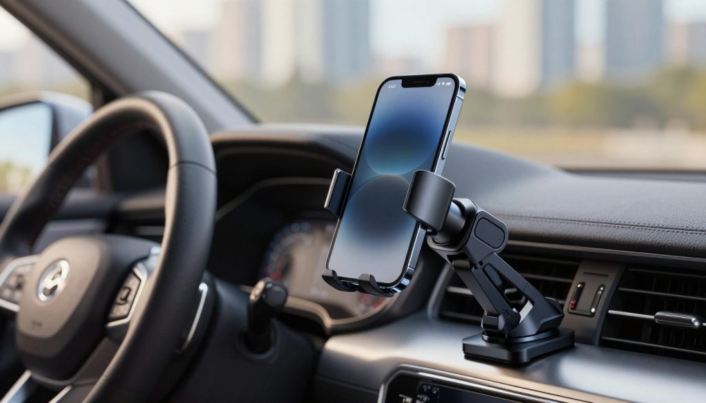 A sleek, modern car mount for smartphones, prominently displayed in the foreground, showcasing its adjustable grip and 360-degree swivel feature. The mount is positioned on a pristine dashboard, with a smartphone securely held in place, positioned for easy visibility. In the middle ground, subtle details like a leather steering wheel and a dashboard design emphasize a contemporary car interior. The background features a blurred view of a cityscape through a windshield, highlighting motion and the essence of travel. Soft, natural lighting illuminates the scene, creating a warm and inviting atmosphere. The angle is slightly tilted, focusing on the mount from a driver's perspective, conveying a sense of practicality and convenience in daily driving.