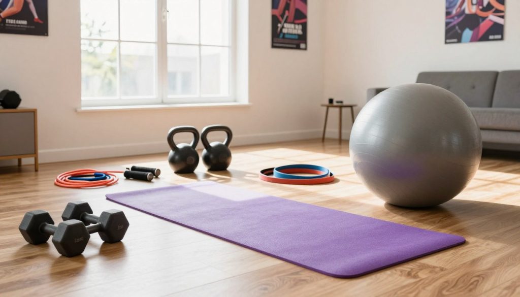 A well-organized home gym setup featuring essential workout equipment, including a set of dumbbells, a yoga mat, resistance bands, and a stability ball, prominently displayed in the foreground. In the middle ground, a pair of kettlebells and a jump rope are neatly arranged, emphasizing variety for every fitness level. The background shows a bright and inviting home environment with natural light filtering through a large window, casting soft shadows. The room should feel vibrant and energetic, with a wooden floor and motivational posters on the walls. The overall mood is inspiring and encouraging, showcasing a space that is both inviting and functional for daily workouts. Use a wide-angle lens for a more expansive view, accentuating the spaciousness of the gym area.